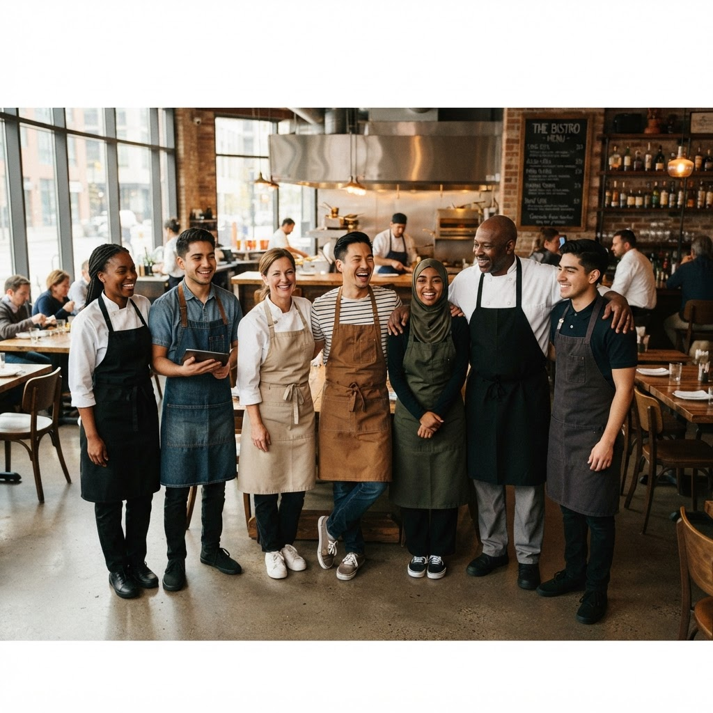 A team of restaurant employees smiling together